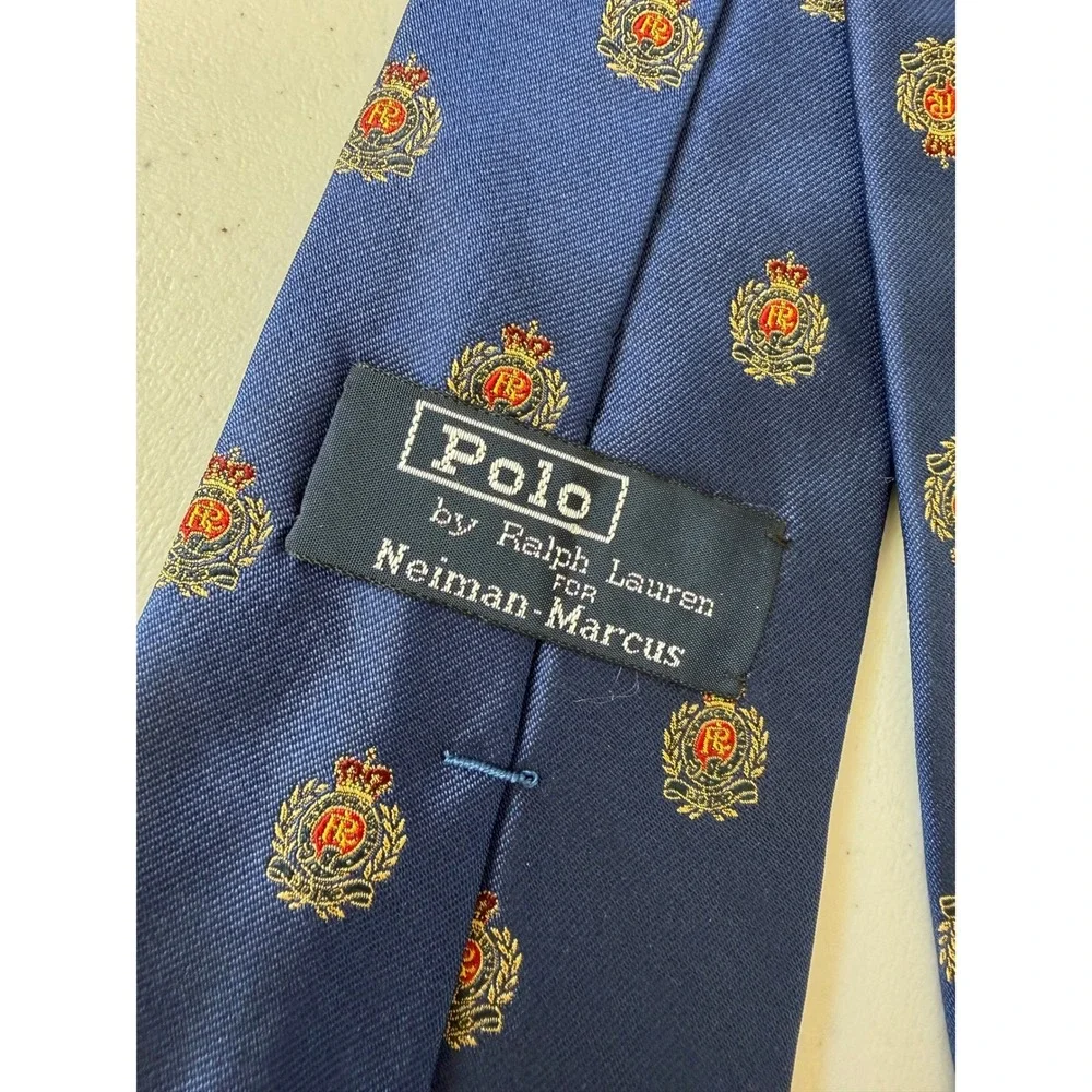 Polo Ralph Lauren Neiman Marcus VTG Silk Crest Tie Blue Heraldic Made in USA